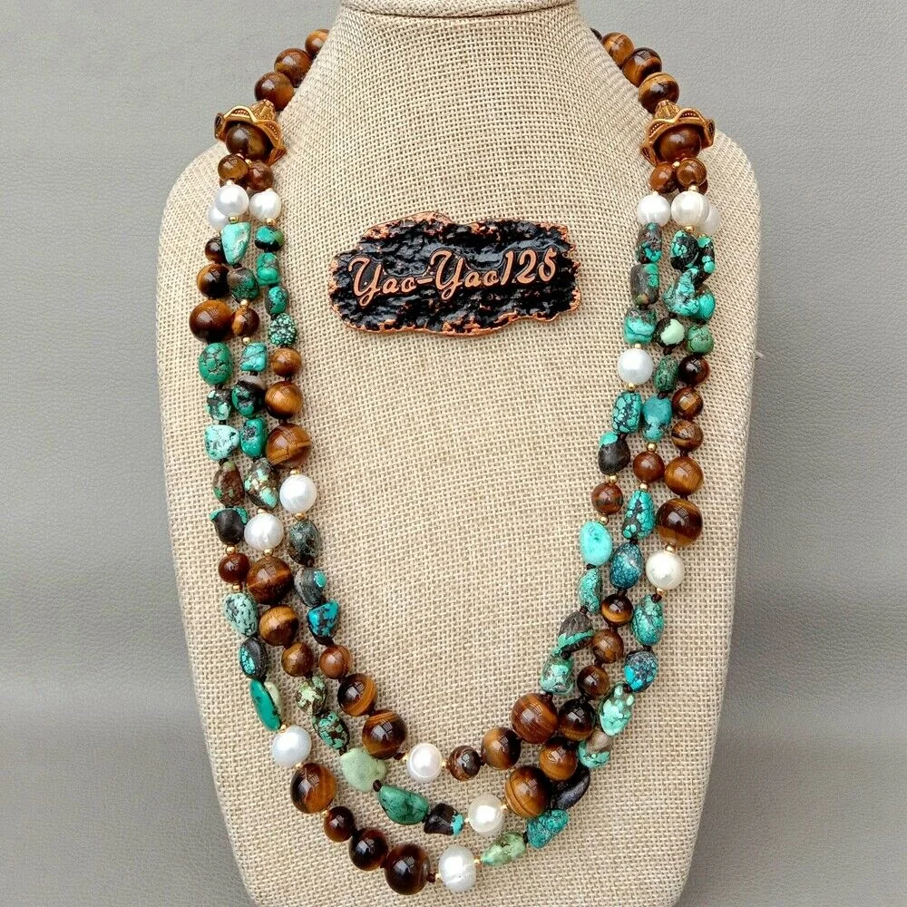 

Multi Strand Natural Gems Stone White Pearl Tiger Eye Necklace 23