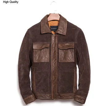

Autumn Leisure style men's Genuine Leather jacket Cowhide suede leather winter coat lapel Slim short Locomotive clothing Brown