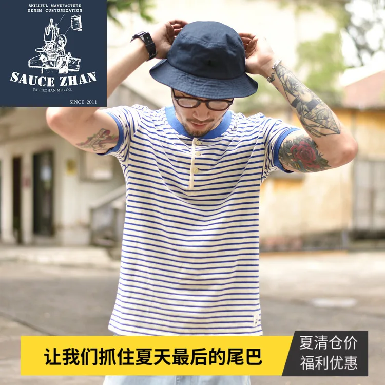 

SauceZhan Thick T-shirt Navy Blue Striped Sailor T-shirt Men's Summer Striped Slim Fit T-shirt Men's Horizontal Nautical Stylish