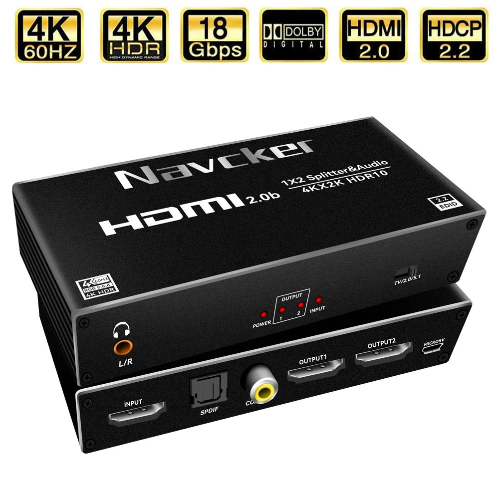 Navceker Hdmi Splitter 1X2 4K Hdmi Splitter Audio Extractor 1 In 2 Out Port Hdmi Cable Splitter Amplificatore Hdmi Per Ps4 Ps5 Xbox