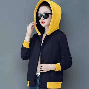 

2019 Patchwork Hooded Loose Sweatshirt Women Plus Velvet Short Hoodies Autumn Winter Zipper Pockets Casual Coats