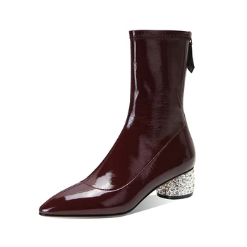 

patent Leather Ladies Winter ankle Boots 2020 crystal med Heels women Pumps Office Lady Working Shoes Woman size 41 42