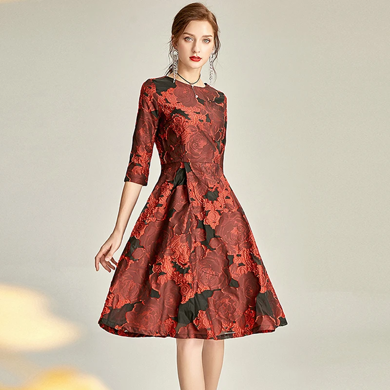 

VERDEJULIAY Runway Jacquard Dress 2020 Autumn Spring High Quality Wine Flower Embroidery Knee-Length Elegant Dress Vestidos