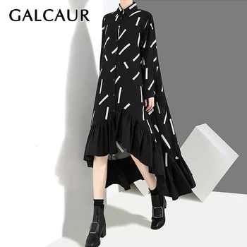 

GALCAUR Chic Style Patchwork Ruffle Dress Women Lapel Collar Long Sleeve Oversize Maxi Asymmetrical Female Dresses 2020 Clothes