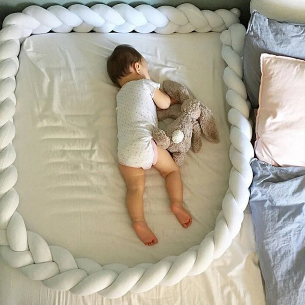 LOAOL Baby Crib Bumper Knotted Braided Plush Nursery Cradle Decor Newborn Gift Pillow Cushion Junior Bed Sleep Bumper 4 Meters, White-Gray-Blue 