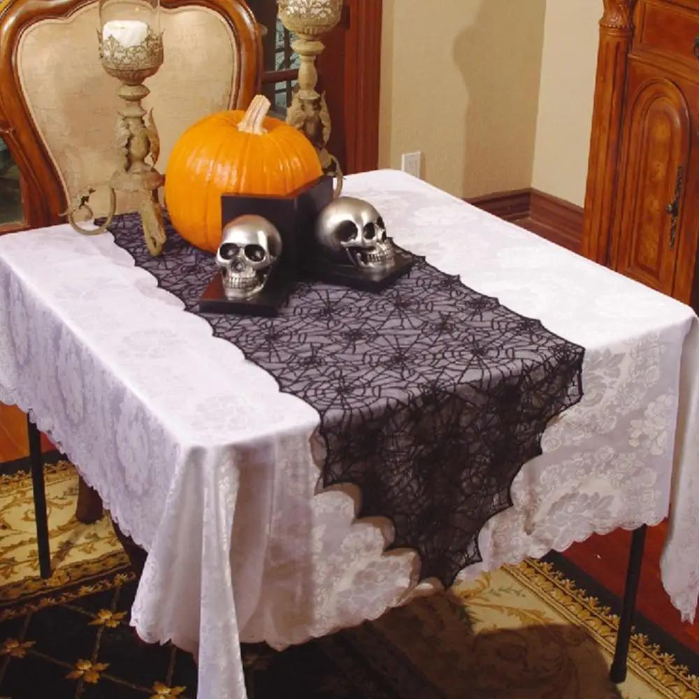 

1PC Halloween Spider Web Lace Table Runner Flag Black Lace Tablecloth Halloween Table Decoration Party Supplies Home Decor A10