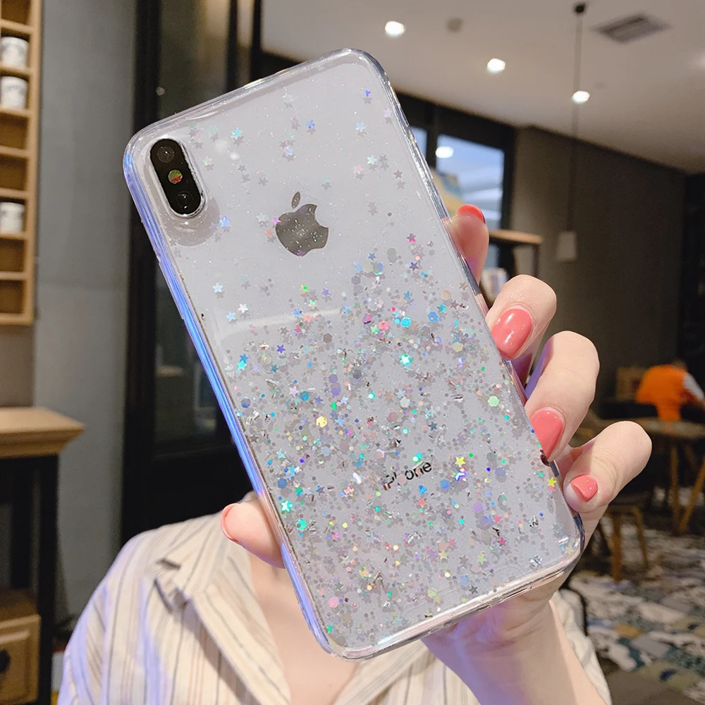 Прозрачный Блестящий блестящий чехол с блестками для iphone 8, 7 Plus, XR, XS, 6, 6 S, чехол с эпоксидной звездой для iphone 11 Pro, MAX X, XR, мягкий прозрачный чехол из ТПУ - Цвет: Прозрачный