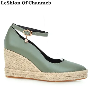 

Platform PU Leather Pumps Women's Autumn Ankle Strap Pointy Toe Wedges Heel Dress Shoes Handmade Elegant Shallow Pumps Hemp Sole
