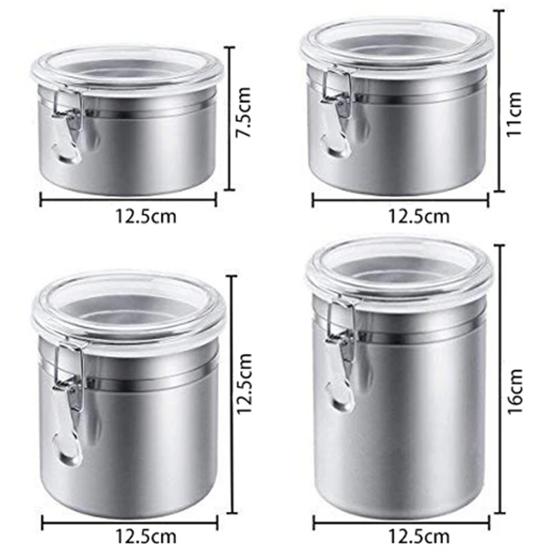 

4-Piece Stainless Steel Sealed Can Set, Kitchen Counter Food Storage Container, Sugar, Coffee, Cans with Transparent Acrylic Lid
