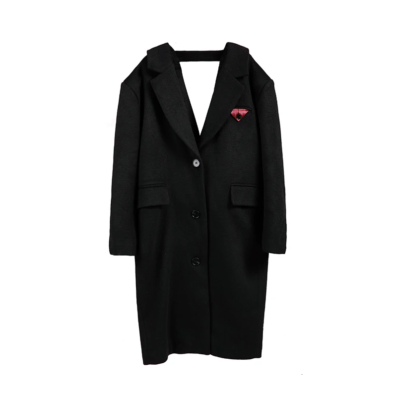 [EAM] свободное черное шерстяное пальто с открытой спиной большого размера, парки, новинка, длинный рукав, женская мода, Осень-зима, 1K725 - Цвет: black