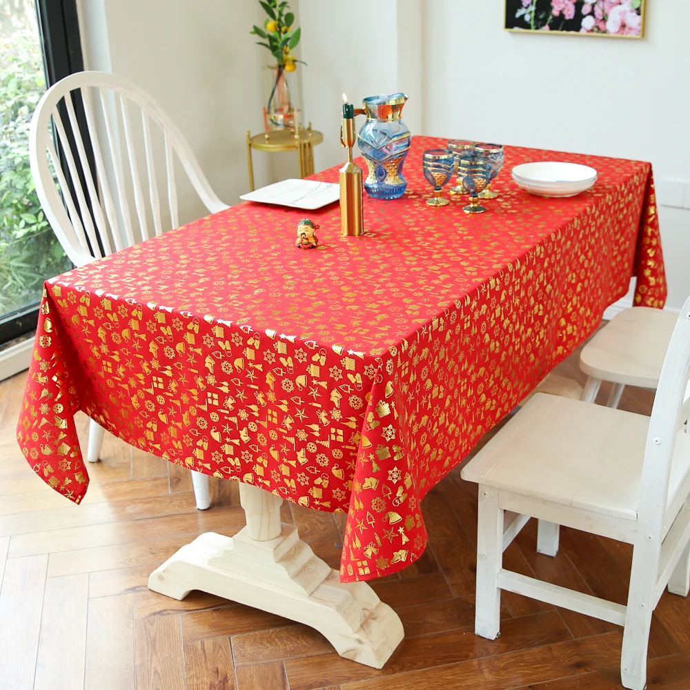 

Home Decoration Cotton Linen Red Tablecloth Christmas Gold Gifts Printed Table Cloth Party Decor Rectangle Dining Table Cover