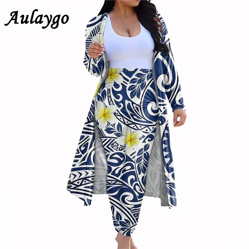 

Hot New Designer Polynesian Women Cardigan Long Trench Tops And Bodycon Pant Plumeria Pattern Oversized Long SLeeve Women Coat