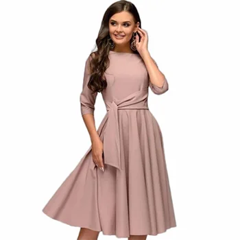 

Simple Women O Neck Solid Color Vestidos Casual Zipper Back Pleated Ladies Dresses Elegant Cocktail Dress Abiti Eleganti Donna