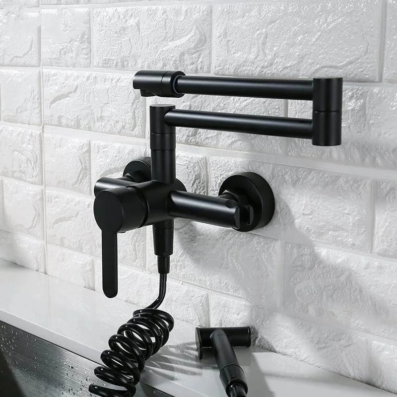 Kitchen Sink Faucet Black Solid Brass Hot & Cold Dual Handle With Spray Gun Wall Mounted Rotation Foldable Balcony Mop Pool Tap