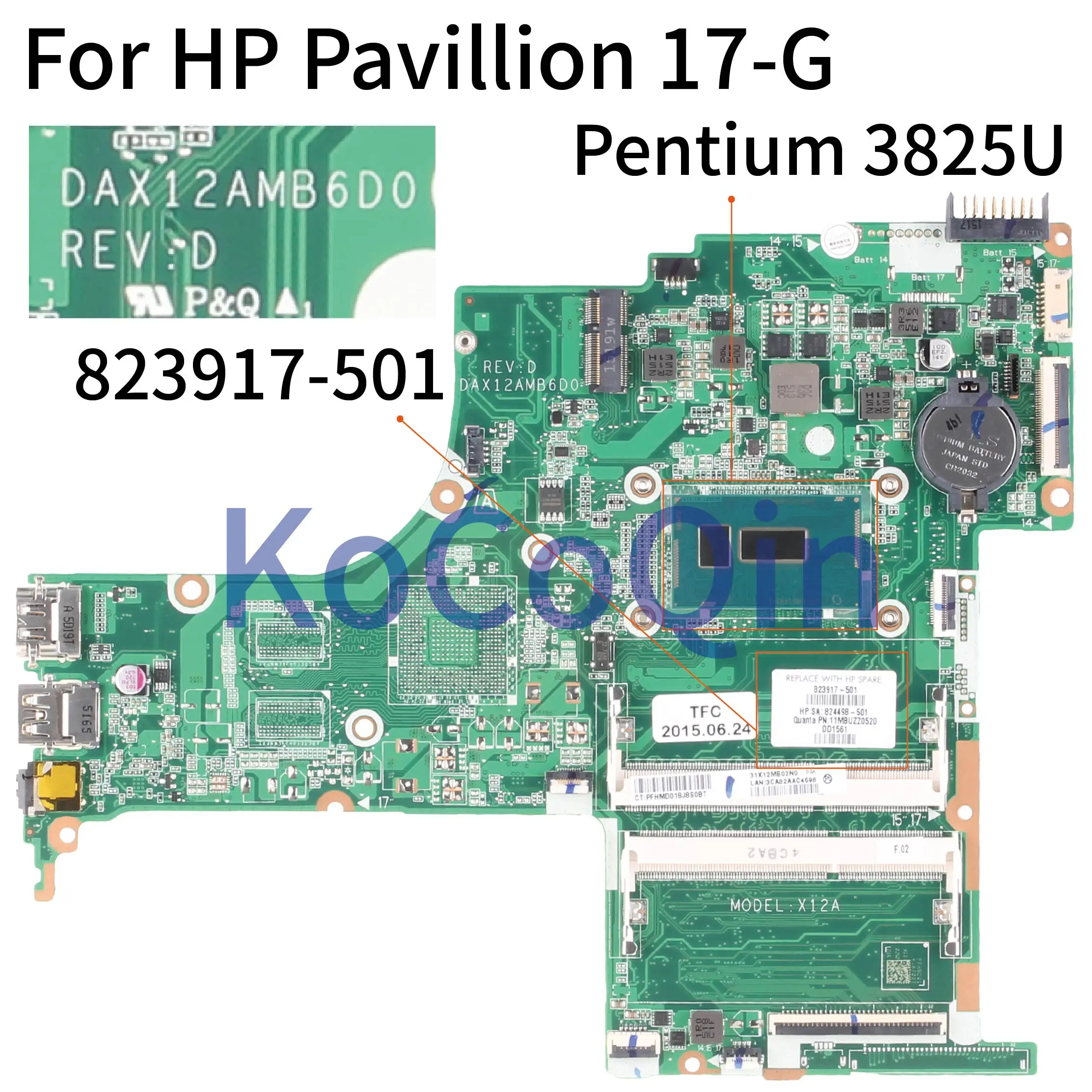 KoCoQin Laptop motherboard For HP Pavilion 17-G 17Z-G Core Pentium 3825U SR24B Mainboard DAX12AMB6D0 823917-501 823917-601 | Компьютеры и