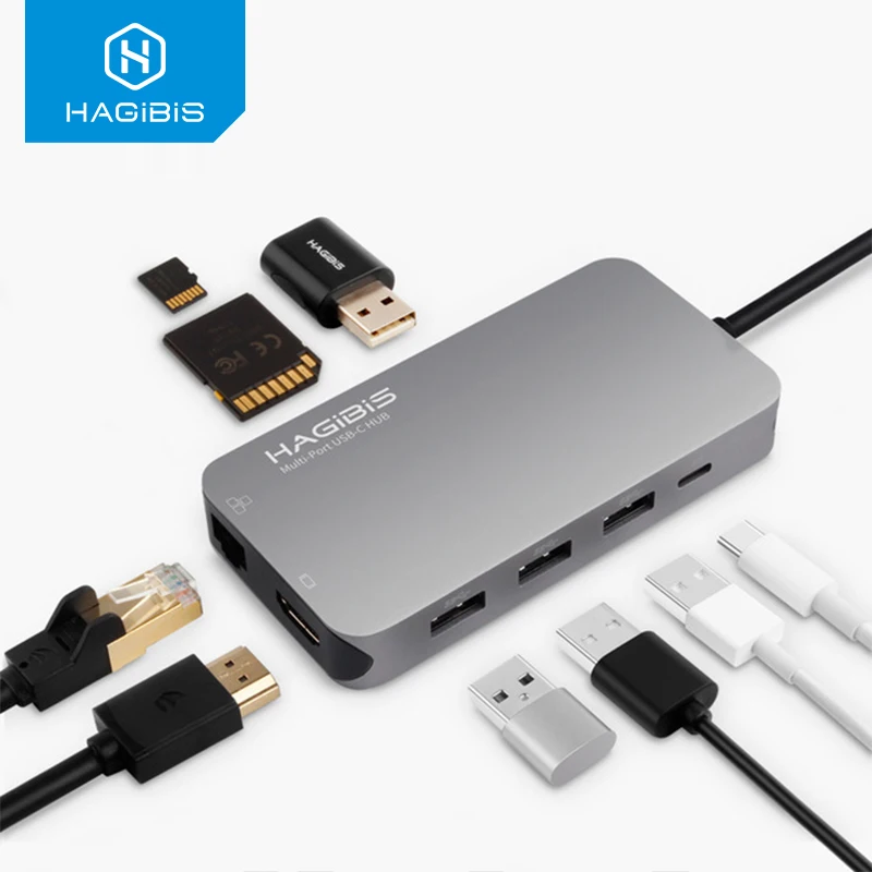 

Hagibis 9-in-1 USB C Type-c HUB 3.0 USB-C to HDMI 4K SD/TF Card Reader PD charging Gigabit Ethernet Adapter for MacBook Pro HUB
