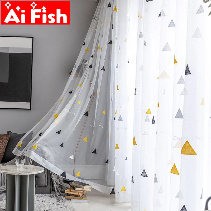 Современный треугольный прозрачный тюль с вышивкой для гостиной простая