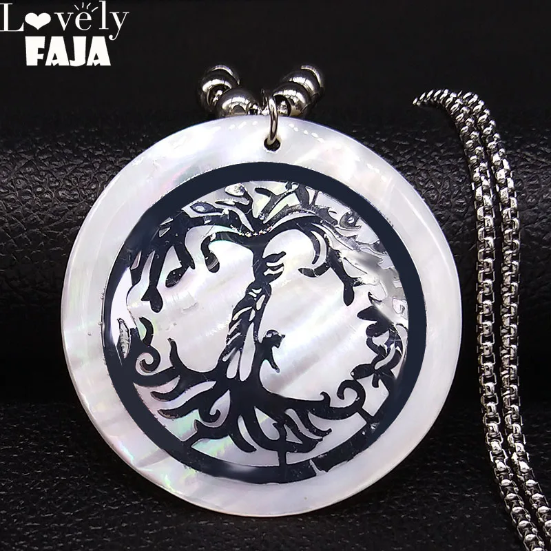 

2020 Mum and Kid Tree of Life Shell Stainless Steel Long Necklace Women Silver Color Statement Necklace Jewelry colgante N20070