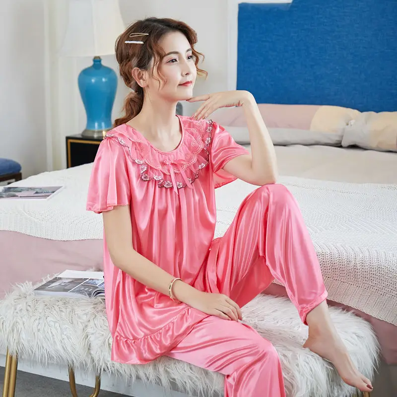 cotton pyjama set Plus Size 5XL Satin Pajamas Set Women's Pajamas with Shorts Homewear for Middle Age Women Cheap Nightwear Nighty for Ladies sleep wear Pajama Sets