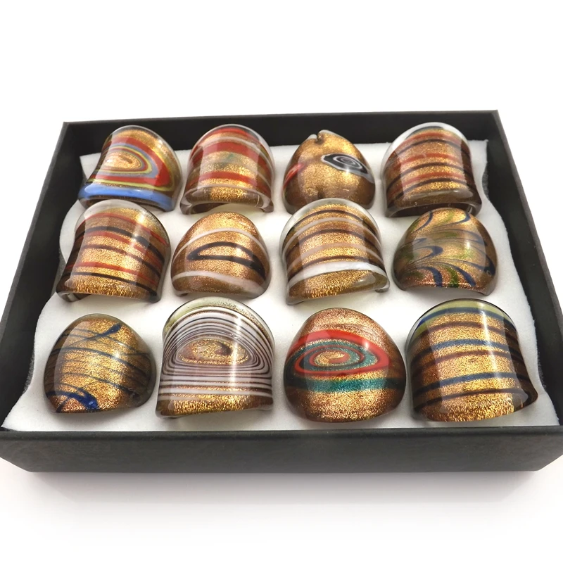 Mix Designed Lampwork Art Glass Rings, Golden Series Of Classical Style Murano Rings 12pcs/lot Free Shipping