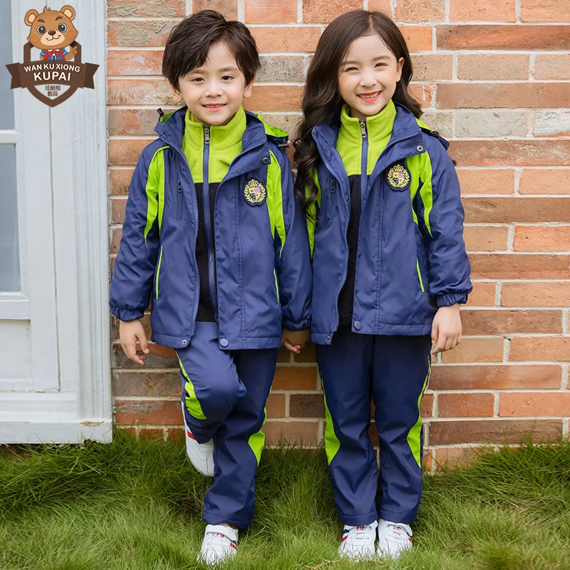 

Young STUDENT'S School Uniform Children Business Attire Raincoat Jacket Set Shipped plus Velvet Sports Three-piece Set Kindergar