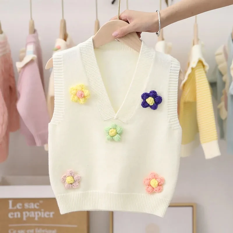 Colorful Flower Knit Vest Girls Spring Autumn V-Neck Sleeveless Jacket Waistcoat Sweet Baby Sweater Infant Out Wear Clothing Tod