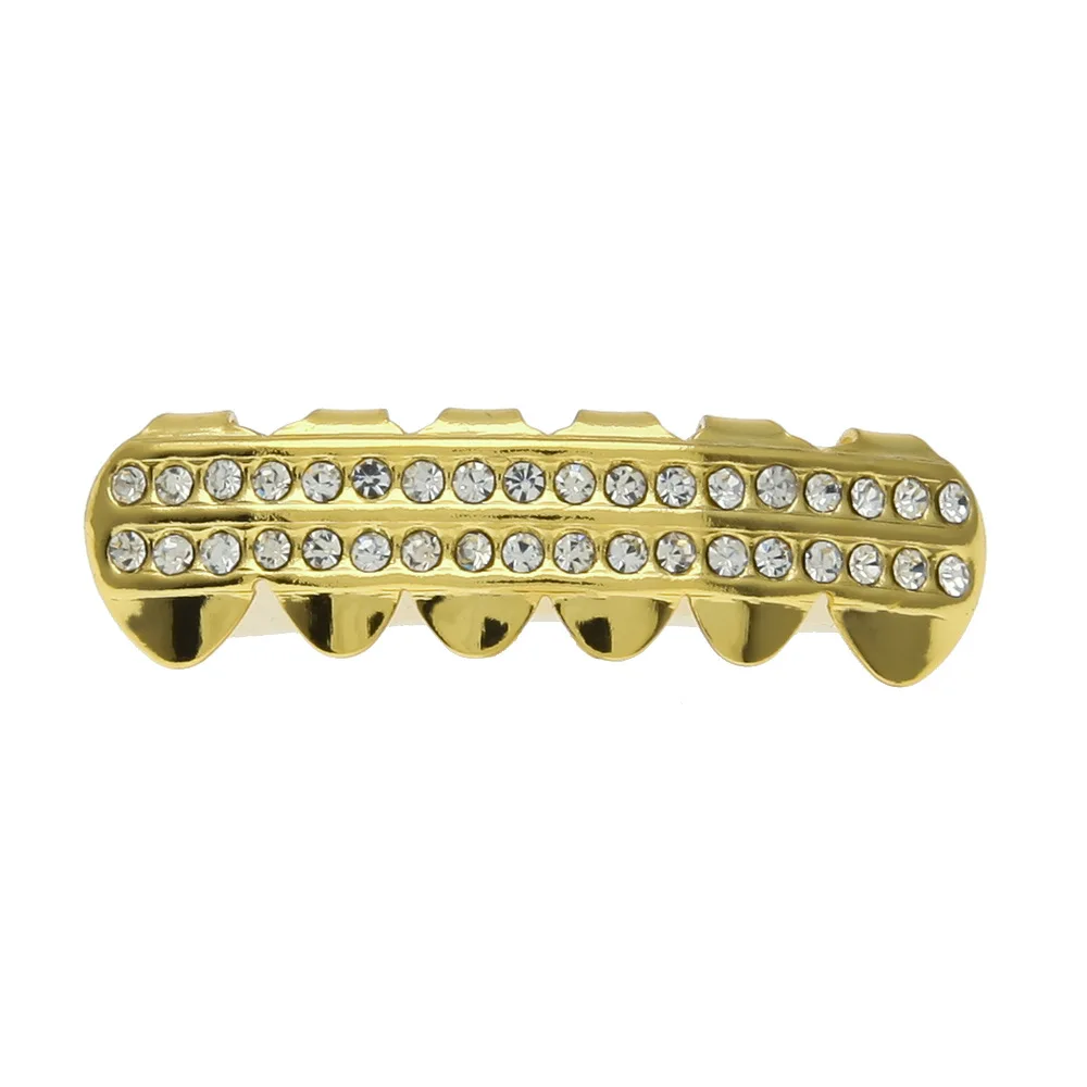 Gold Color Double Bling Bling Grillz Top & Bootom Dental Mouth Punk Teeth Caps Cosplay Party Tooth Rapper Hip Hop Jewelry TG022