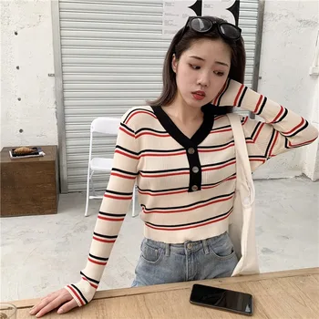 

Casual Wild Sweater Women Autumn V-neck Striped Knitted Clothes Long Sleeve Button Fashion Pullover Female Sweaters Crop Tops