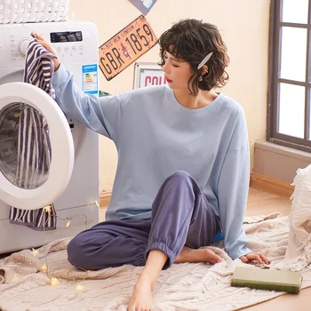 

KISBINI 2020 New XXL Home Suit For Women Loose Cotton Comfortable Long Sleeve Female Homewear Blue O-Neck Lady Pajamas Set