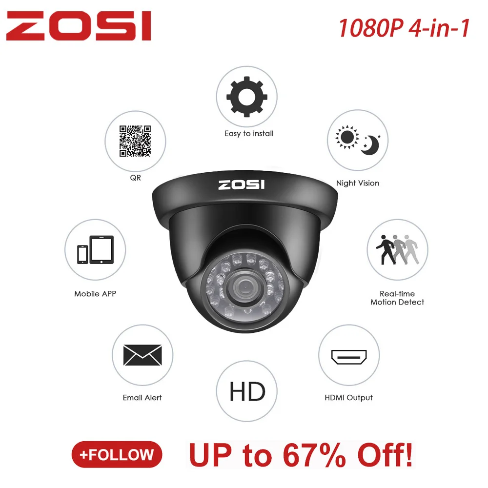 Ceny ZOSI 1080P TVI CVBS AHD CVI 4 in 1 wideo HD kopułkowa kamera bezpieczeństwa z ir cut Night Vision i IP67 odporne na warunki atmosferyczne kamera telewizji przemysłowej