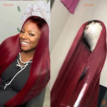 

Pre Plucked Colored 1b99j Long Straight Remy Human Hair Wig Ombre Burgundy Red 13*6 Deep Part Lace Front Wigs For Black Women