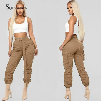 

Spring Khaki Cargo Pants Women Casual Harem Pants 2019 Hot High Waist Radish Sweatpants Ladies Wild Belt Decoration Active Wear