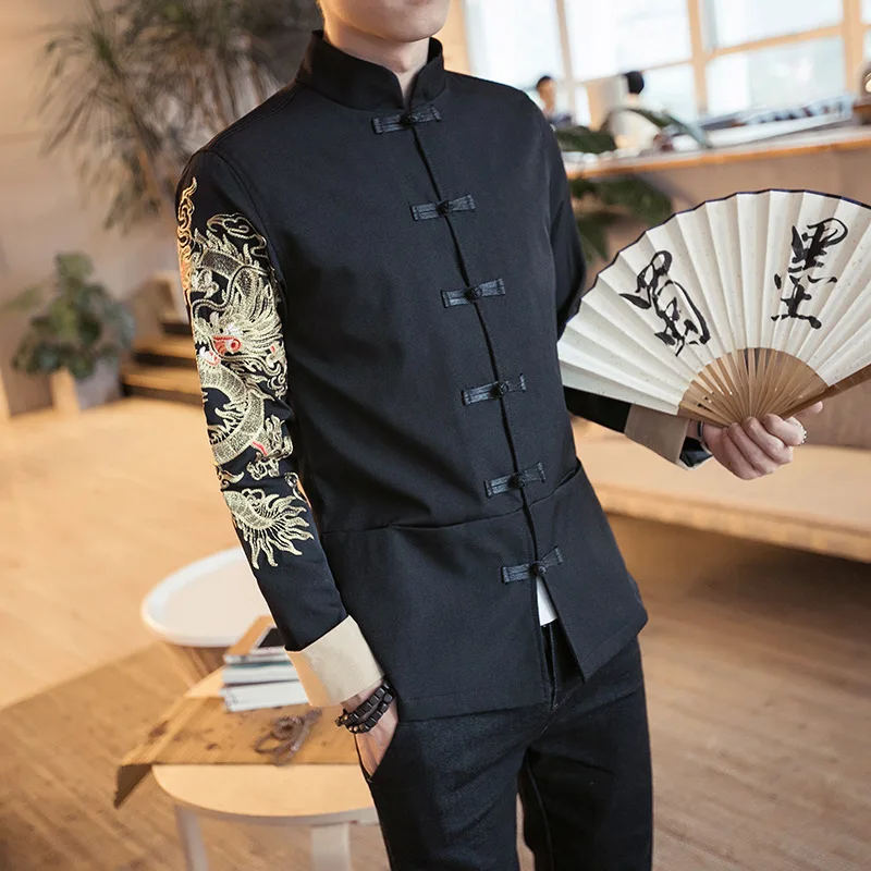 

Chinese Traditional Men's Wedding Formal Tang suits Jacket + Pants youth slim fit casual Embroidered Dragon Zhongshan Clothing