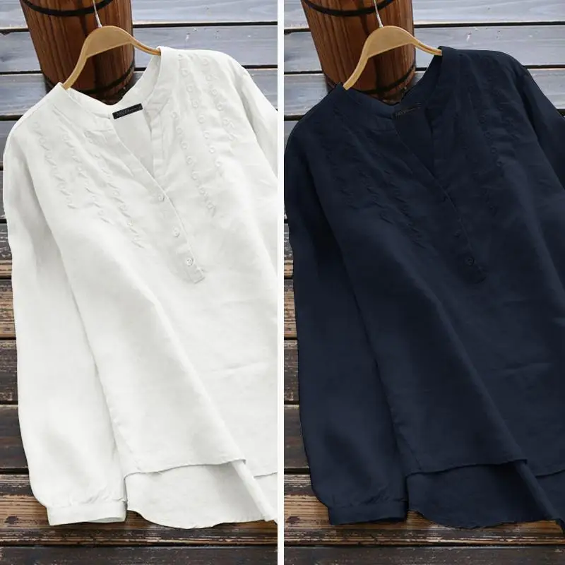 ZANZEA, Осенние винтажные Женские топы и блузки с вышивкой, большие размеры, хлопковая Однотонная рубашка с длинным рукавом, Элегантная Женская туника, блузы