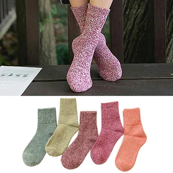 

5 Pairs Wear Resistant Daily Mixed Color Winter Sweat Absorption Keep Warm Artificial Wool Mid Calf Women Socks Jacquard Weave