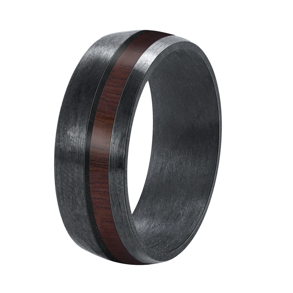POYA 8mm Men's Carbon Fiber Ring With Rosewood Interior - Black Wedding Band, Comfort Fit, Sizes 6-15