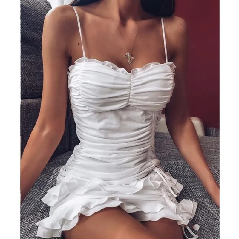 

Women's Sexy Mini Dress Ladies Pleated Ruffled Strap Drawstring Vestido 2020 Fashion Vogue Elegant Sweet Club Wear Party Dresses