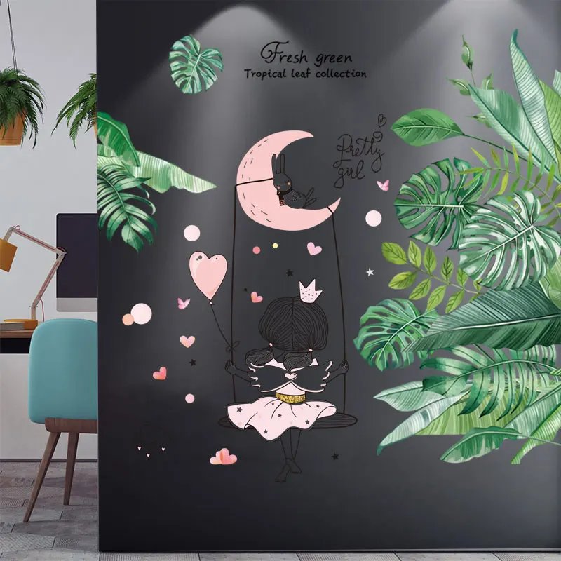 

[shijuekongjian] Cartoon Girl Wall Stickers DIY Green Plant Leaves Mural Decals for Living Room Kids Bedroom House Decoration
