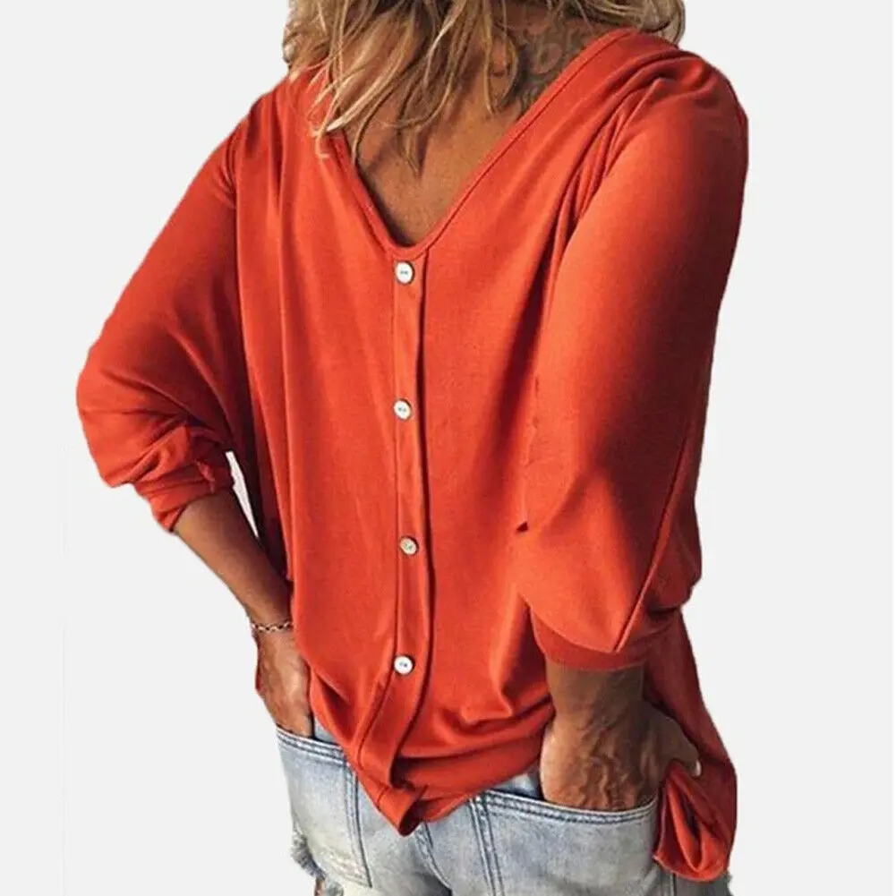 

Plus Size Women Loose Long Sleeve Pullover Tops Shirt Ladies Casual V Neck Back Buttons Tops Shirts Tees New Fashion Style