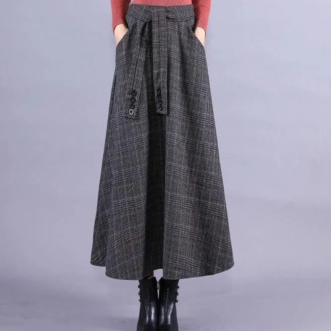 Новинка осень зима юбка Женская мода пояса клетчатая Высокая талия юбка плиссированная сладкий стиль шерстяные женские юбки AV687