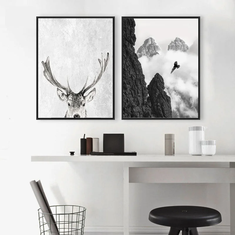 Скандинавский лес олень Орел черный белый пейзаж холст плакат Северная Настенная картина принт минималистическая живопись гостиная картина