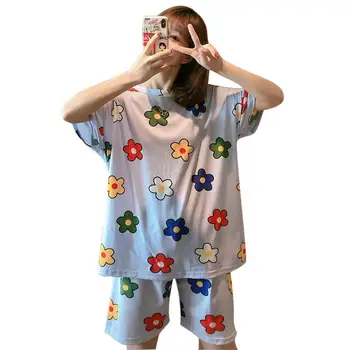

MISSKY Summer Women Pajamas Set Flower Printing Short Sleeve Shirt+Shorts Home Wear Female Sleepwear New