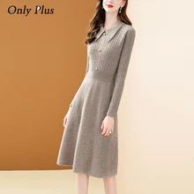 

Only Plus Woolen Knitted Khaki Dress Women Winter Button Up Elegant Slim Sweater Striped Dresses All-match Office Lady Vestidos