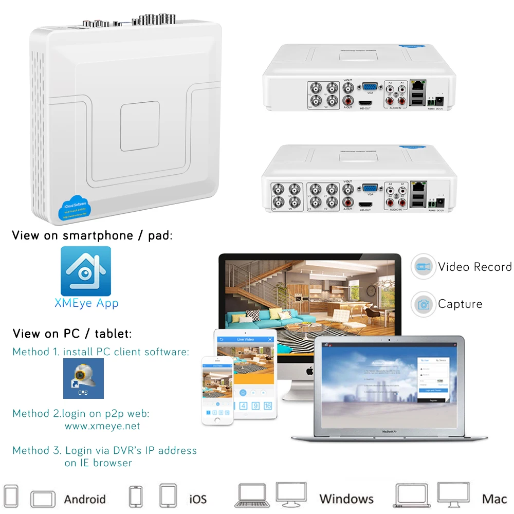 H.264 Onvif 4 канала 8Ch CCTV Гибридный DVR 1080N 5в1 рекордер для AHD камеры TVI CVI аналоговая камера мини NVR для IP камеры PTZ