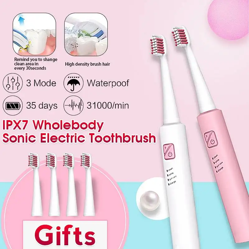 

3 Mode USB Acoustic Wave Vibration Waterproof IPX7 Soft Electric Toothbrush With 4pcs Replacement Head Electric Teeth
