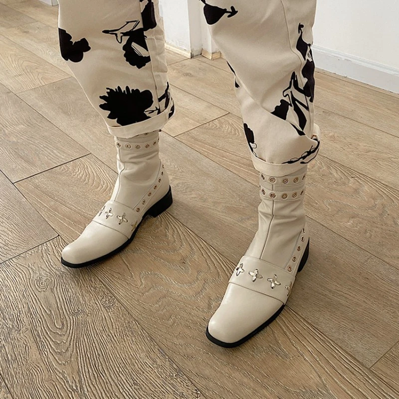 Winter punk style motorcycle boots rivet thick heel zipper women's short boots