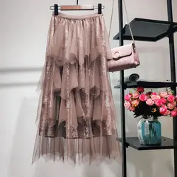 Осенняя сетчатая бархатная юбка для торта Женская кружевная Лоскутная длинная юбка с оборками для женщин милые, в Корейском стиле kawaii maxi