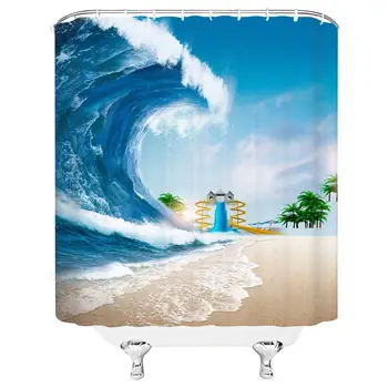 

Ocean Shower Curtain Sets Beach Lighthouse Palm Tree Huge Waves Tropical Resort Natural Landscape Polyester Bathroom Decoration