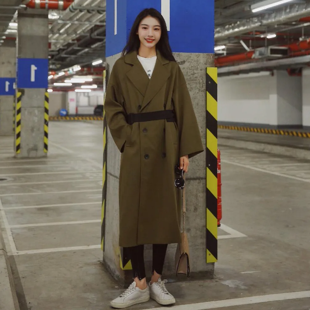 

Photo Shoot INS Early Autumn Large Lapel Contrast Color Bandage Cloth Waist Hugging Trench Coat Women Double-breasted Elegant ov