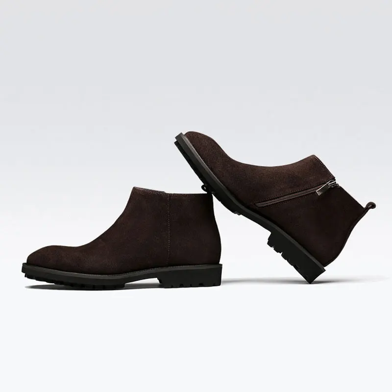 

Black Khaki Genuine Leather mens short boots high quality round toe zipper ankle boots Nubuck leather shoes
